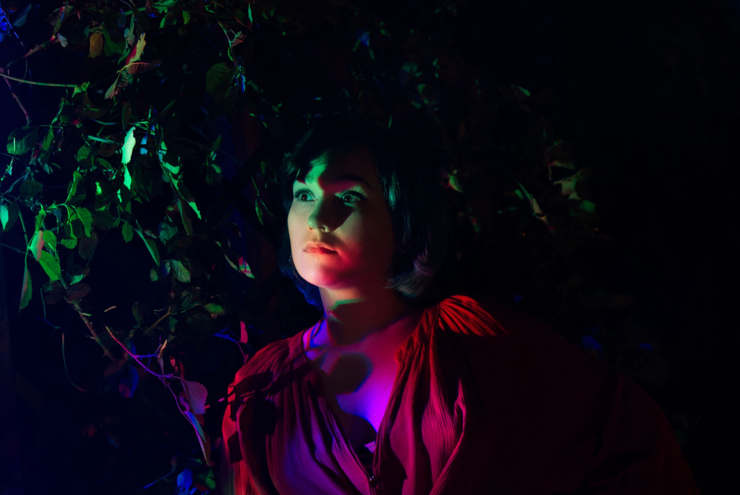 Creative portrait illuminated with green, red and blue light