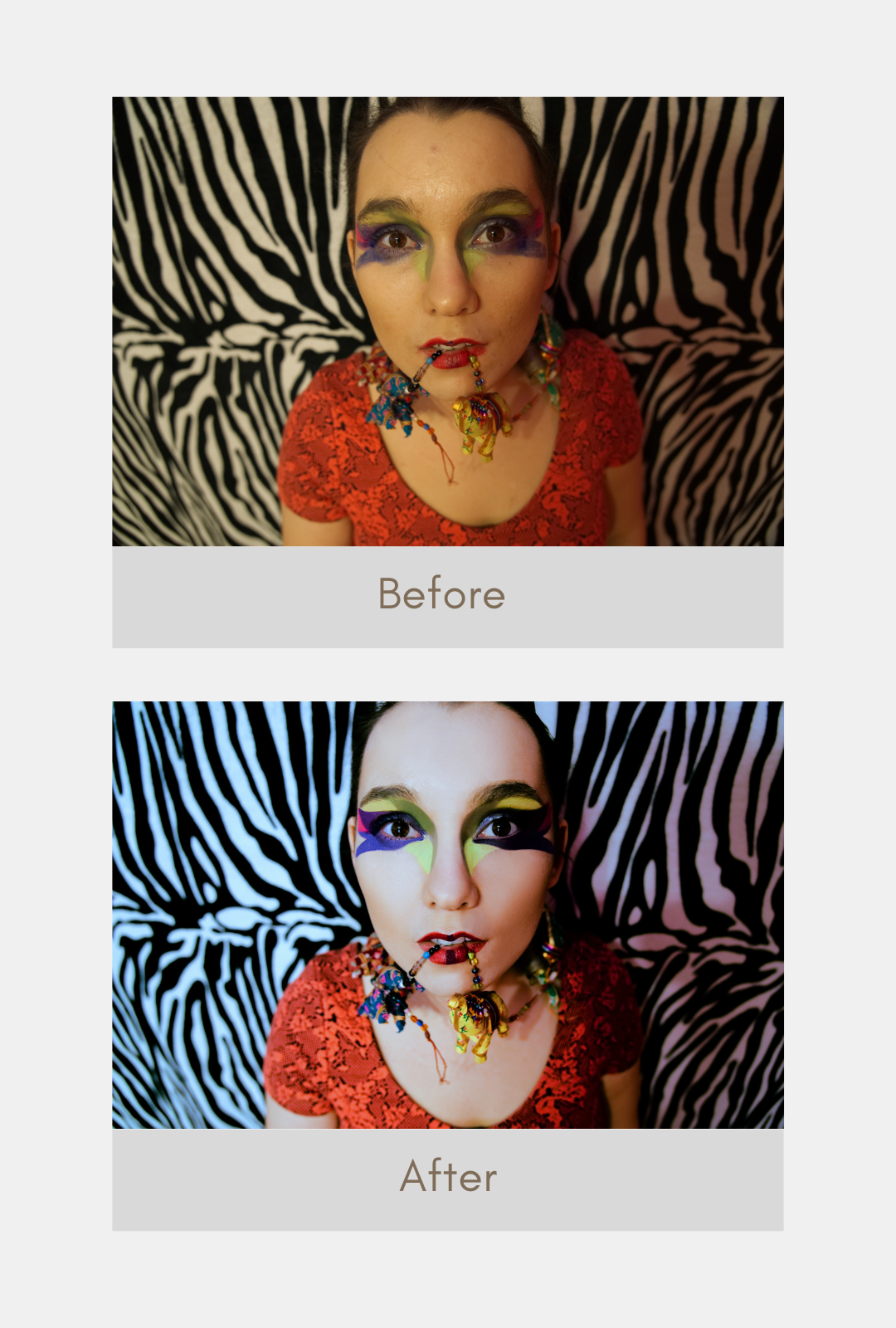 Before and after portrait colour retouching