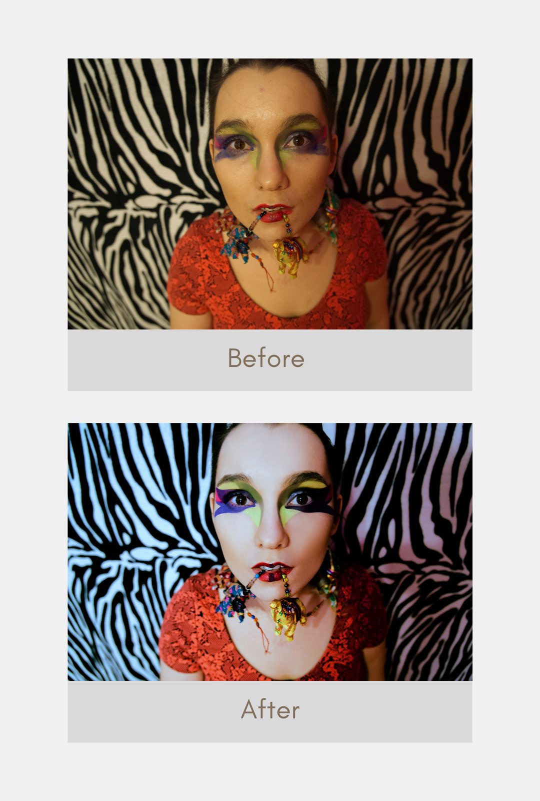 Before and after portrait colour retouching